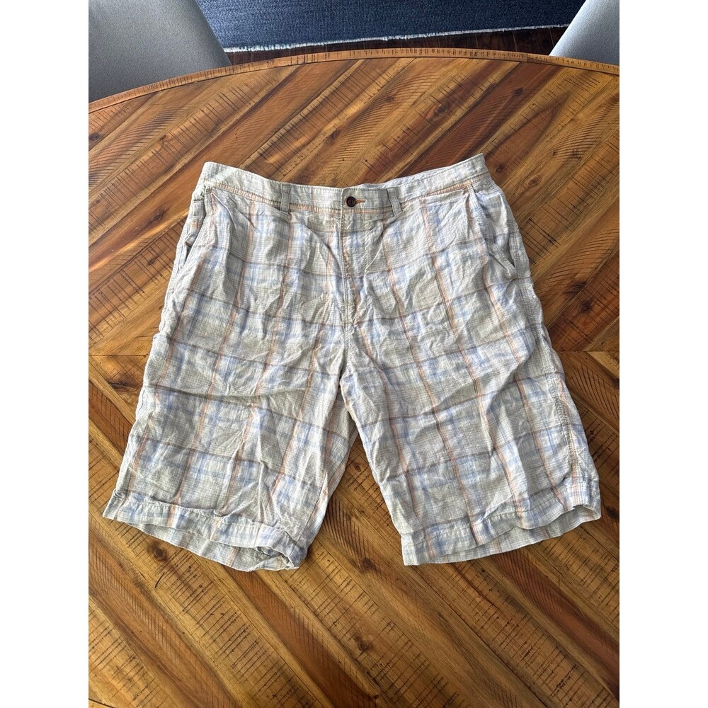Tommy Bahama Paradise Nation Linen Silk Plaid Shorts Mens 38 Tan Blue 9 Inseam